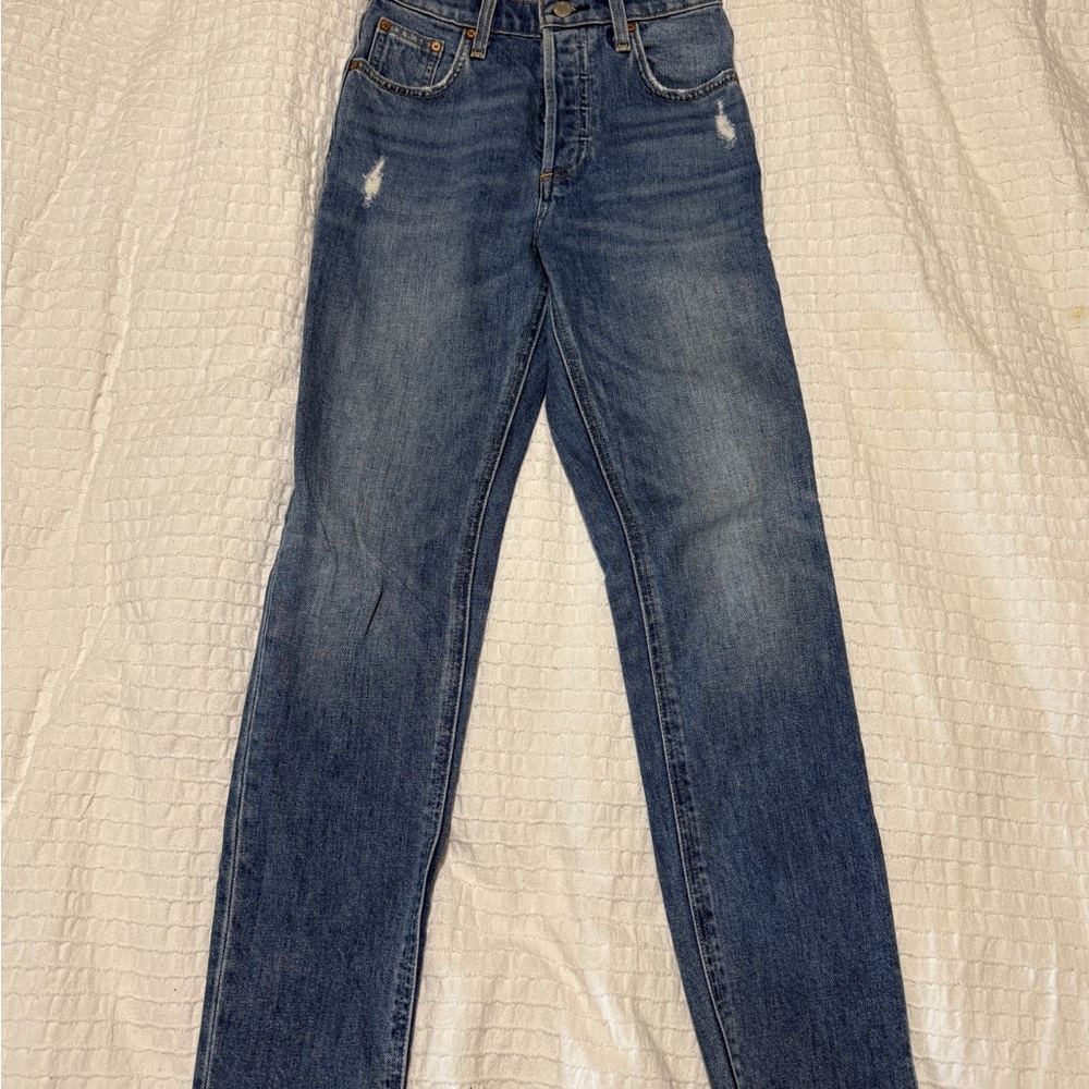Denim Forum Blue Straight Leg Jeans with Vintage Distressing